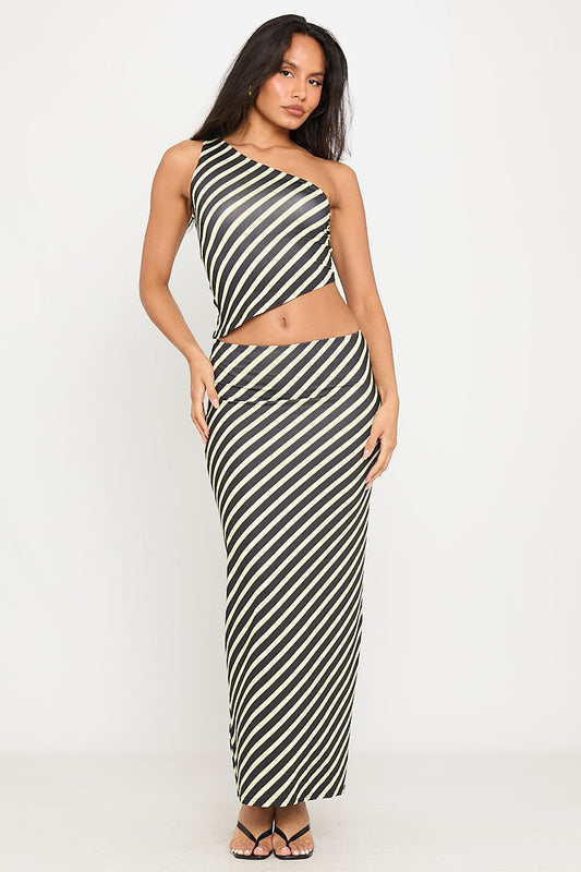 Mono Stripe Asymmetrical Set | One-Shoulder Crop & Maxi Skirt | Bold & Modern
