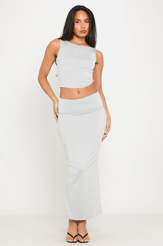 Slate Rib Two-Piece Set | Sleeveless Crop & Maxi Skirt | Sleek & Minimalist