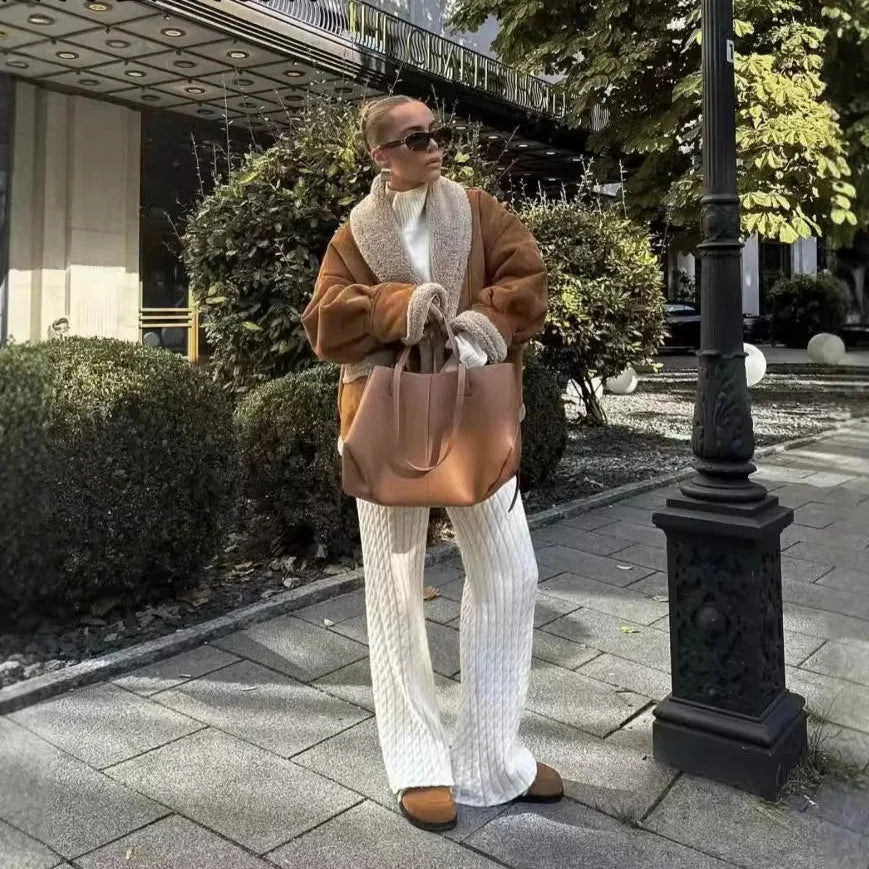 Faux Shearling Jacket | Polyester | Camel Suede & Cream Lining