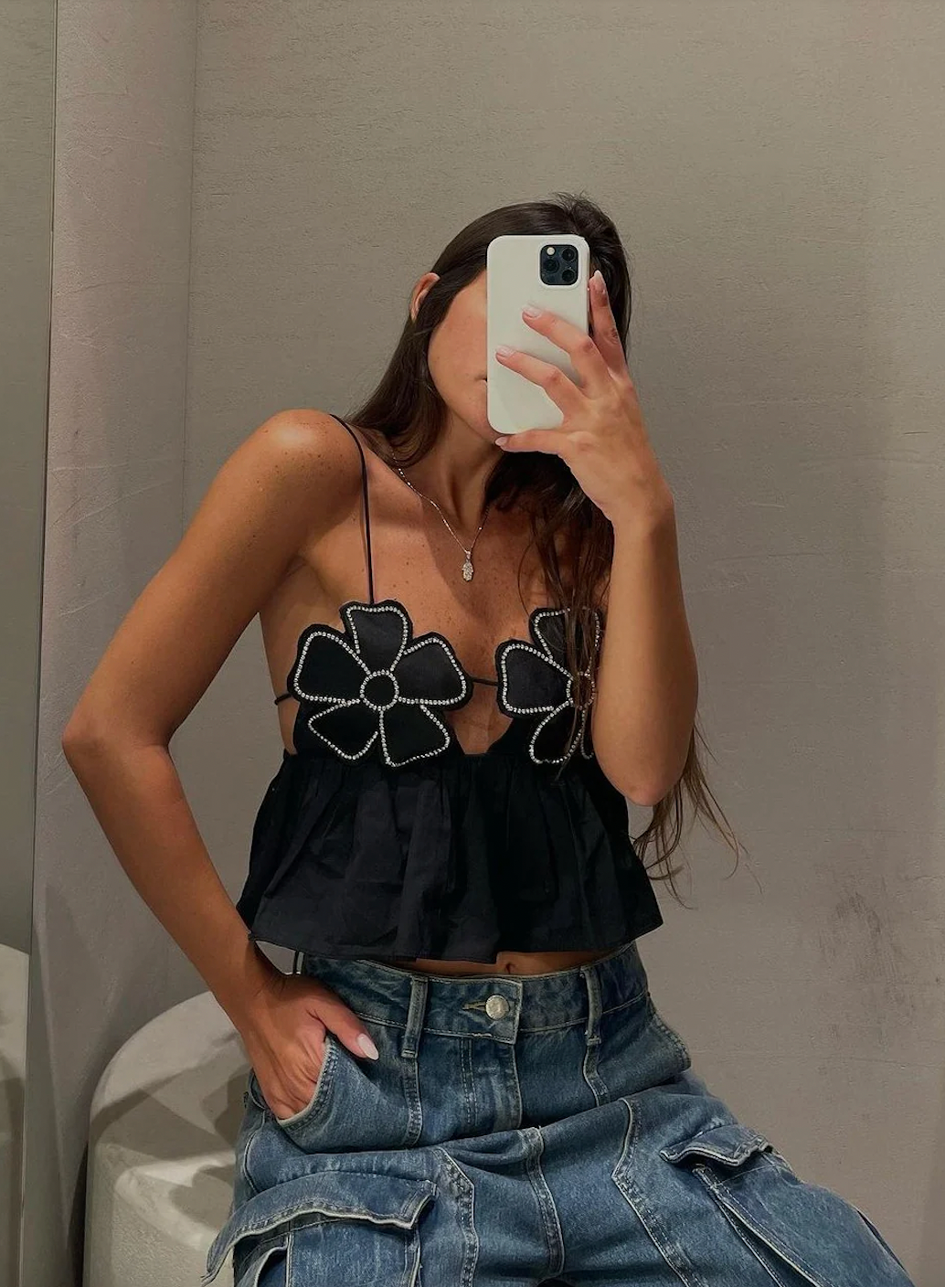 Floral Appliqué Crop Top | Satin-Polyester | Ruffled Hem
