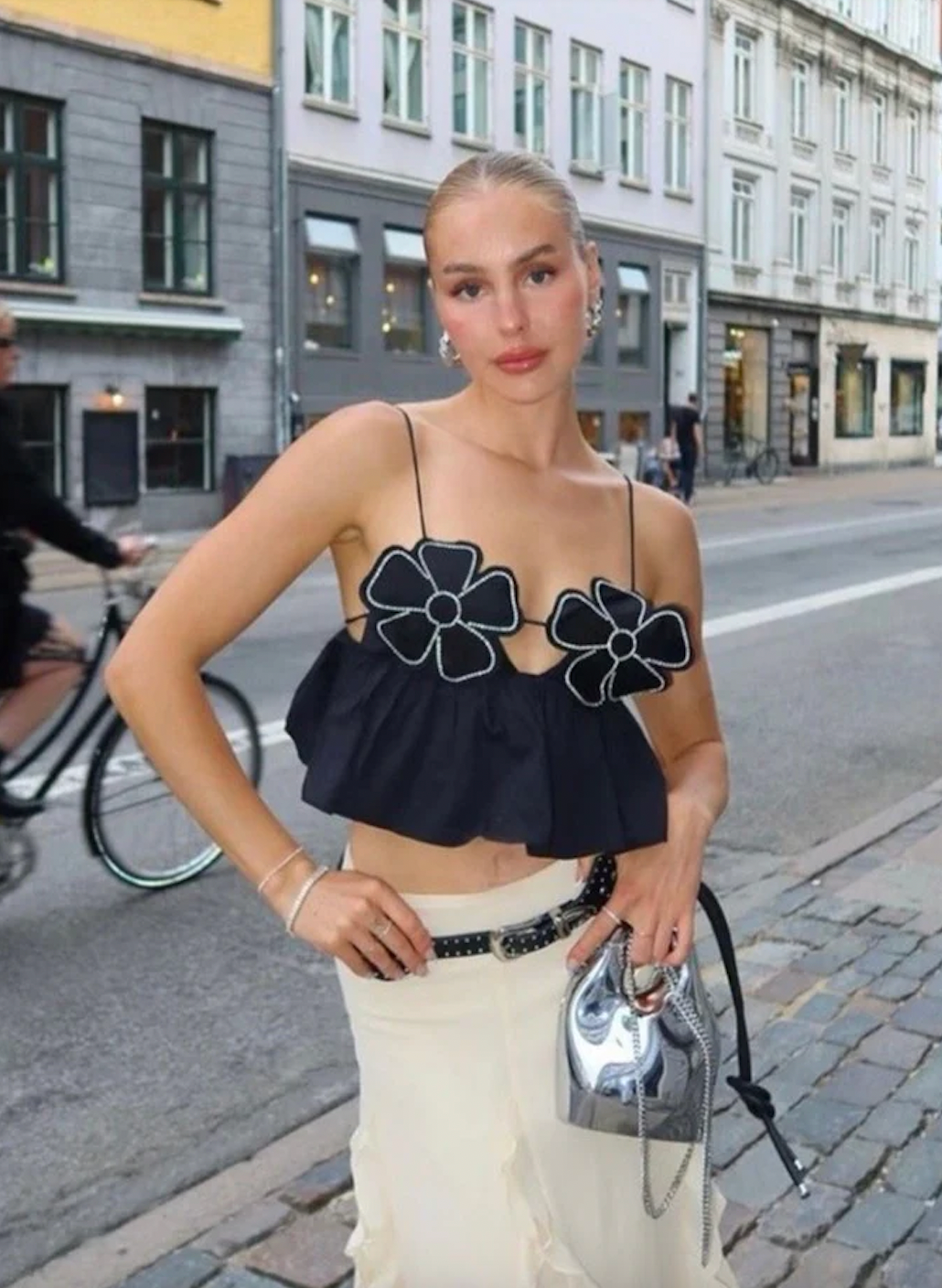 Floral Appliqué Crop Top | Satin-Polyester | Ruffled Hem