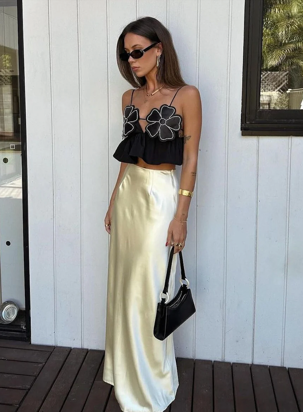 Floral Appliqué Crop Top | Satin-Polyester | Ruffled Hem