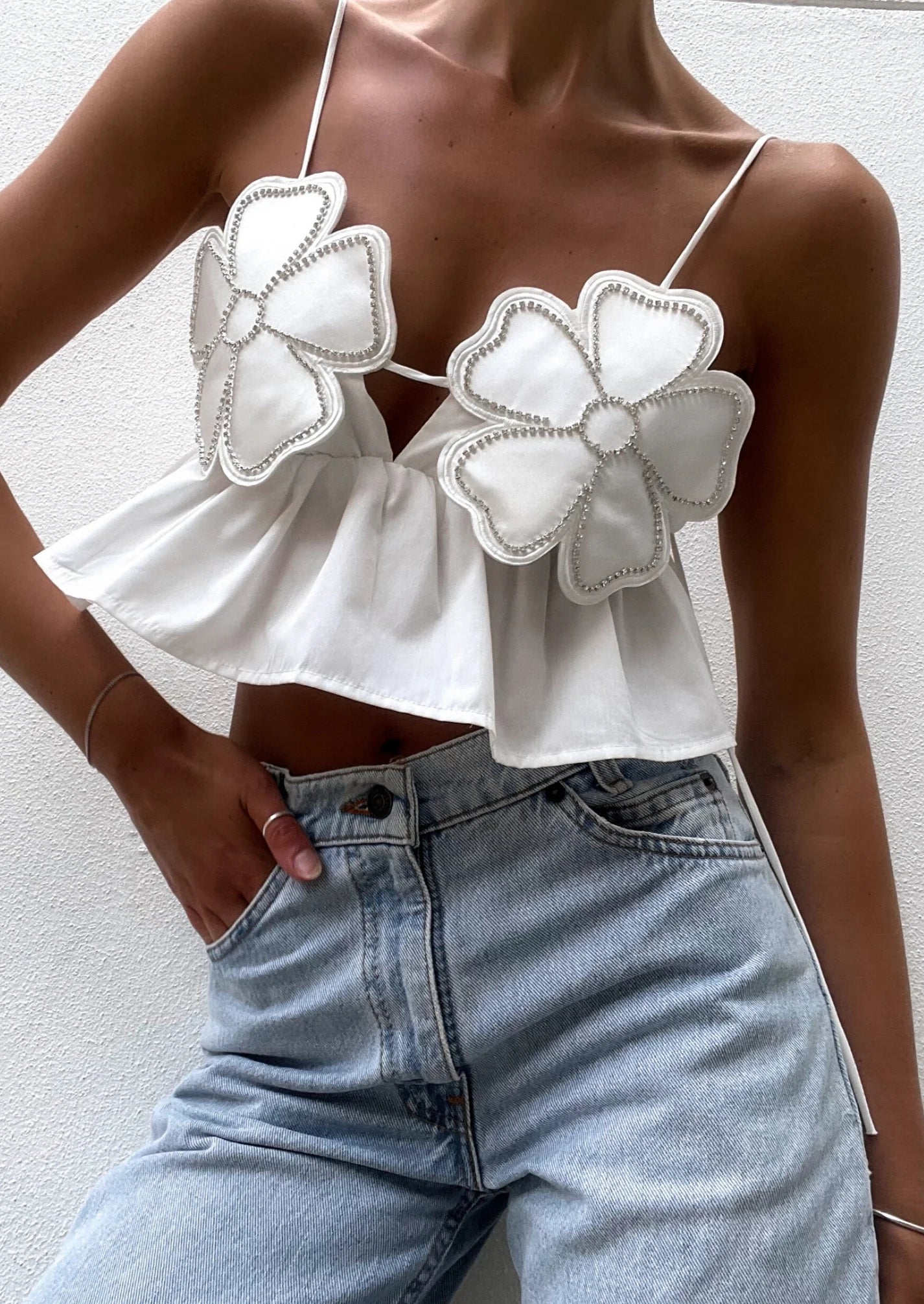 Floral Appliqué Crop Top | Satin-Polyester | Ruffled Hem