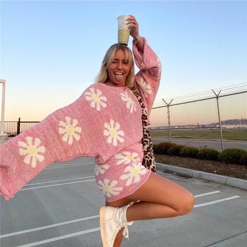 Floral Knit Lounge Set | Acrylic Blend | Oversized Fit & Bold Print