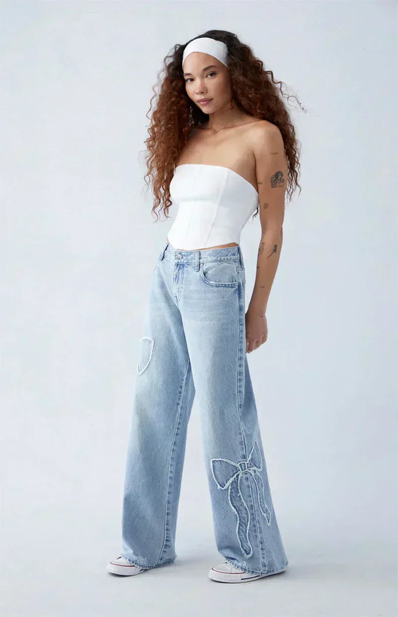 Wide-Leg Embroidered Jeans | High-Waisted & Relaxed | Trendy & Comfortable
