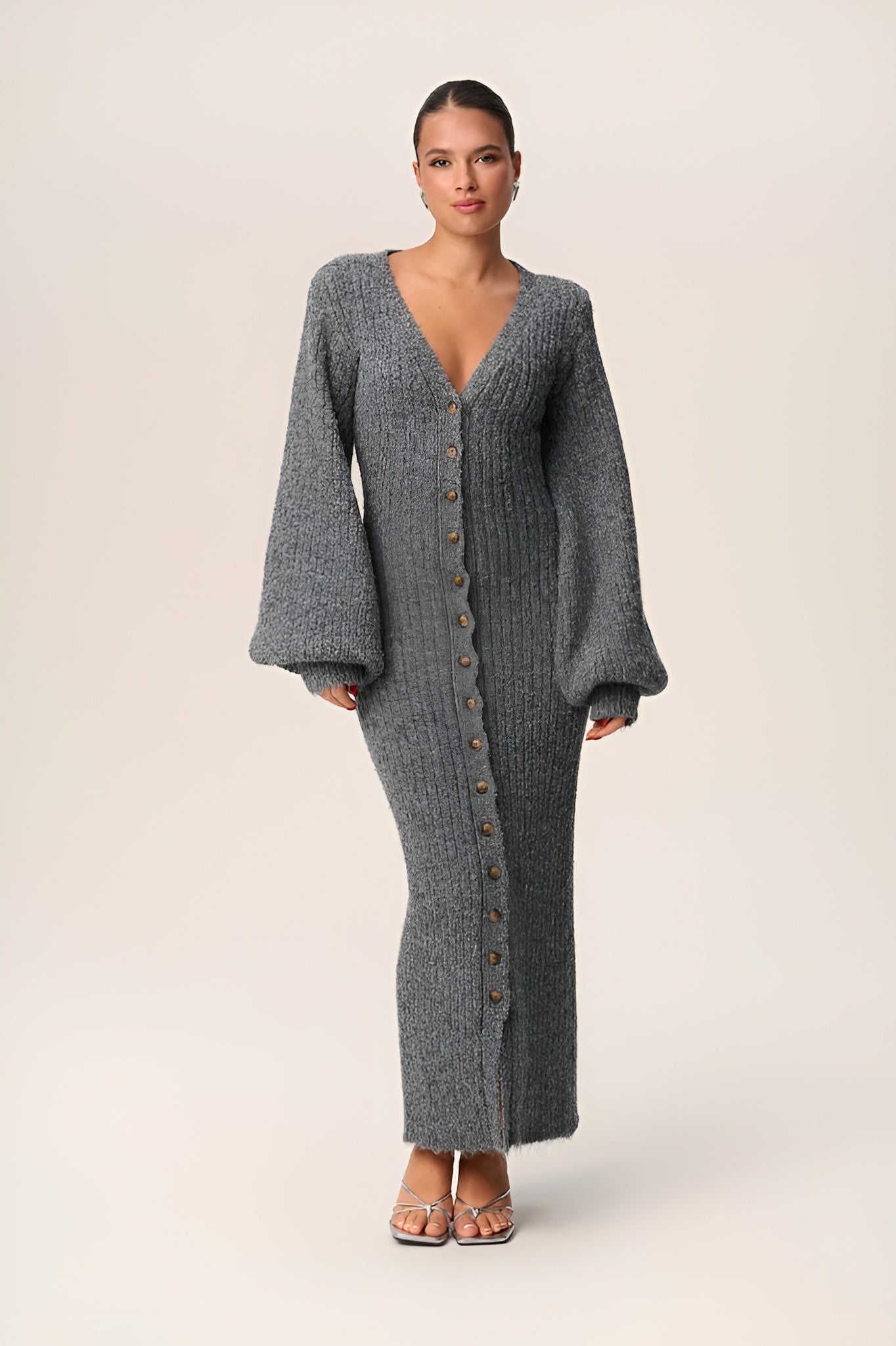 Button-Down Knit Maxi Dress | Elegant & Cozy | Chic Balloon Sleeves