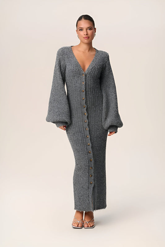 Button-Down Knit Maxi Dress | Elegant & Cozy | Chic Balloon Sleeves