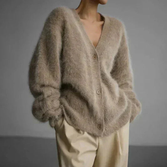 Fuzzy Knit Cardigan | Mohair-Feel Texture | Soft, Slouchy & Chic