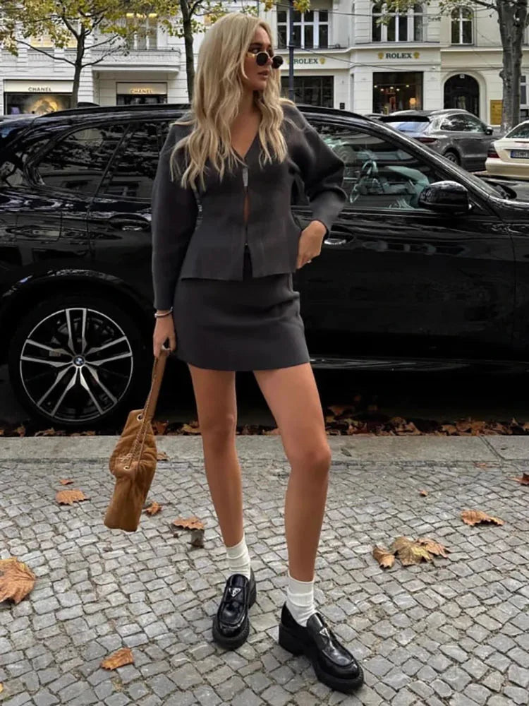 Minimalist Zip-Up Blazer & Skirt Set | Sleek & Chic | Effortless Power Dressing