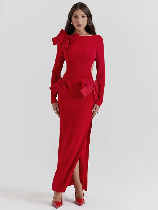 Women's Red Evening Gown | Elegant & Bold | Bow Detail & High Slit