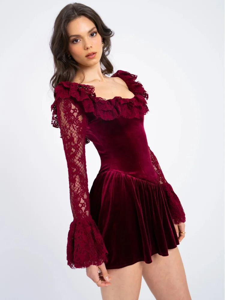 Women's Velvet Lace Mini Dress | Romantic & Elegant | Fit-and-Flare
