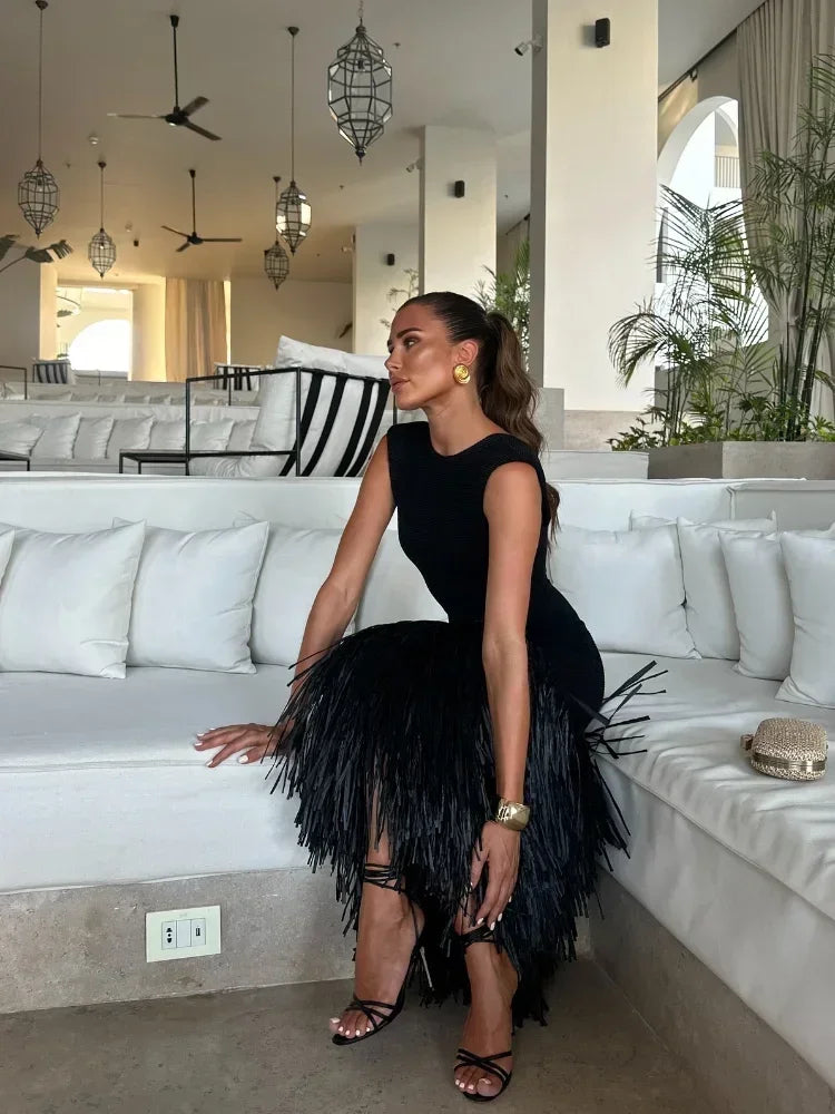Feather-Trim Midi Dress | Sleek & Glamorous | Perfect for Special Occasions