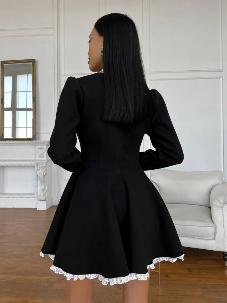 Black A-Line Dress | Polyester Blend | Vintage Lace Trim