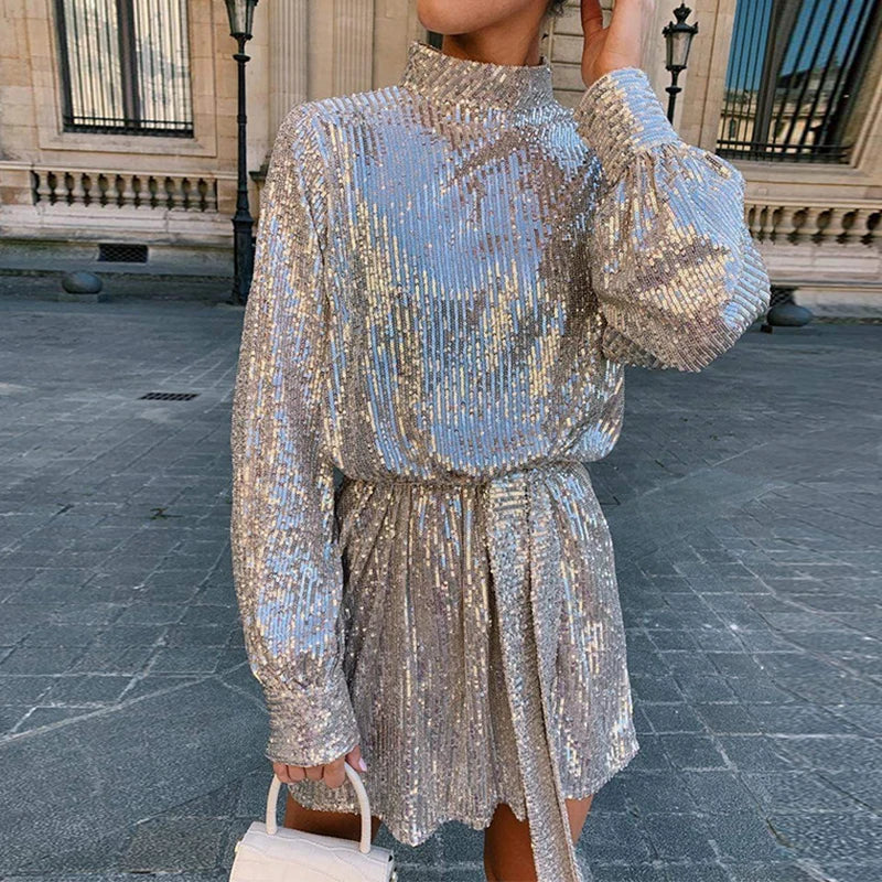 Women's Sequin Belted Mini Dress | Elegant & Sparkly | Flowy Fit