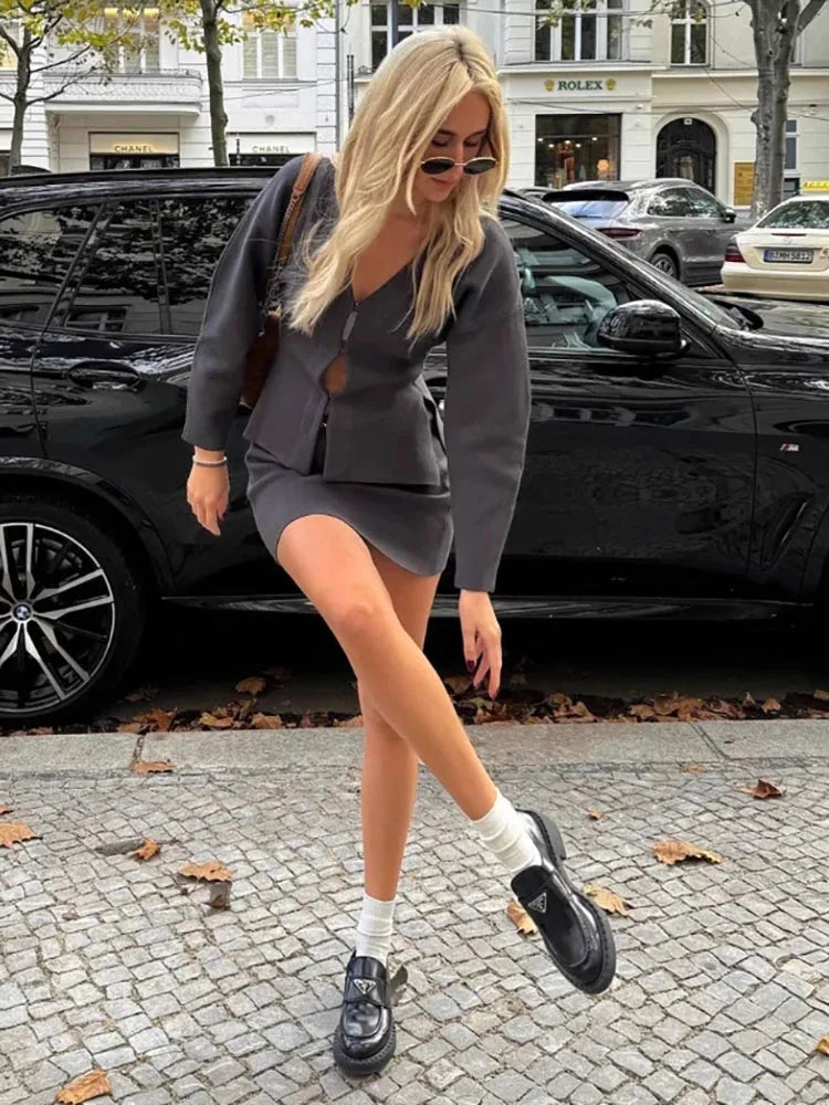 Minimalist Zip-Up Blazer & Skirt Set | Sleek & Chic | Effortless Power Dressing