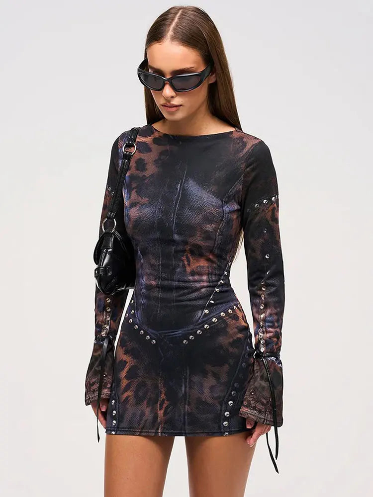 Mesh Abstract Print Mini Dress | Edgy | Bodycon Fit