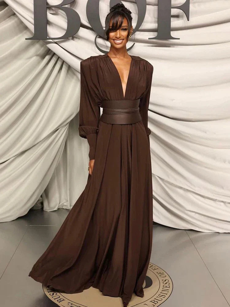 Long-Sleeve Maxi Dress | Elegant & Flowy | Belted Waist