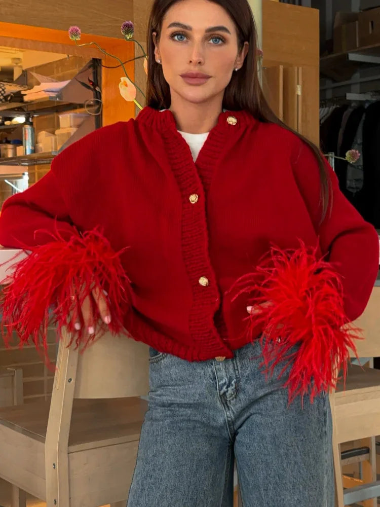 Feather Cuff Cropped Jacket | Luxe Statement Piece | Bold & Chic