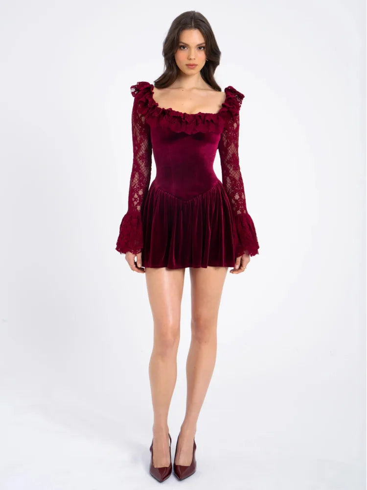 Women's Velvet Lace Mini Dress | Romantic & Elegant | Fit-and-Flare