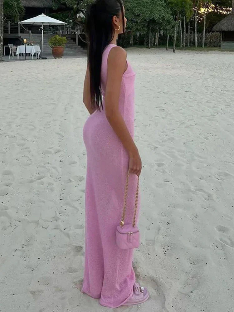Mesh Maxi Dress | Polyester-Spandex | Cowl Neck & Sheer Overlay