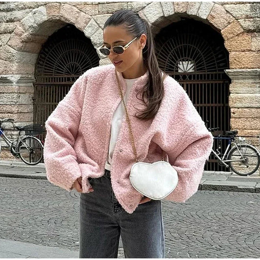 Teddy Zip Jacket | Polyester | Oversized Fit in Soft Pink