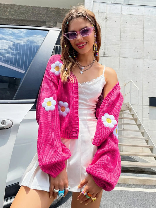 Floral Knit Cardigan | Acrylic Blend | Oversized with Daisy Embroidery