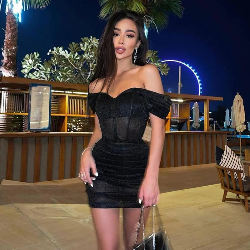 Off-Shoulder Mini Dress | Sheer Corset | Sultry & Chic