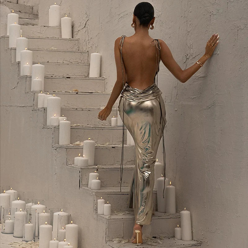 Metallic Satin Maxi Dress | Elegant & Glamorous | Open Back