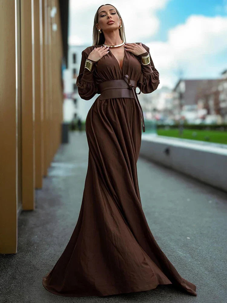 Long-Sleeve Maxi Dress | Elegant & Flowy | Belted Waist