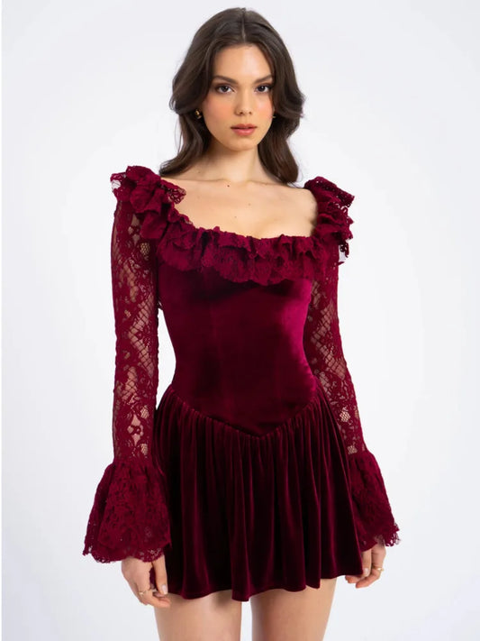 Women's Velvet Lace Mini Dress | Romantic & Elegant | Fit-and-Flare