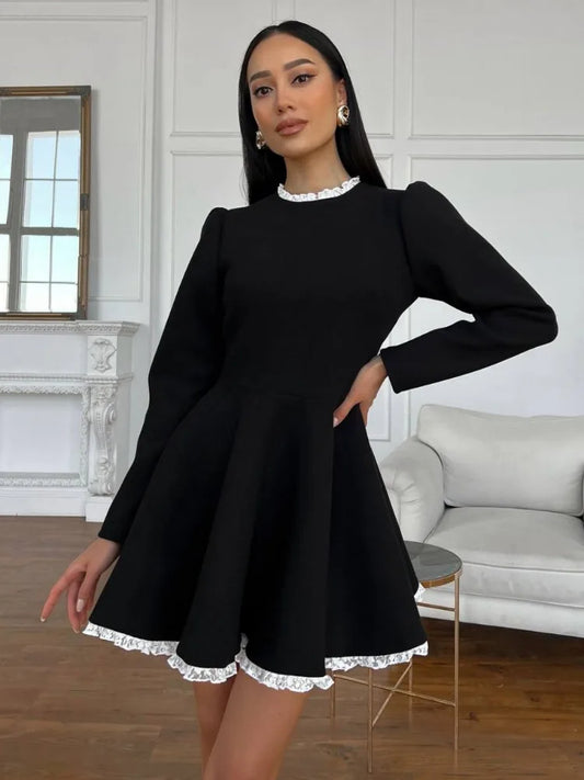 Black A-Line Dress | Polyester Blend | Vintage Lace Trim