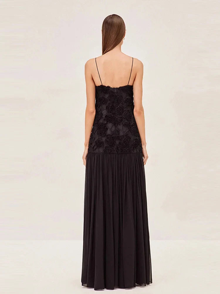 Floral Appliqué Pleated Maxi Dress | Elegant & Romantic | Perfect for Formal Events