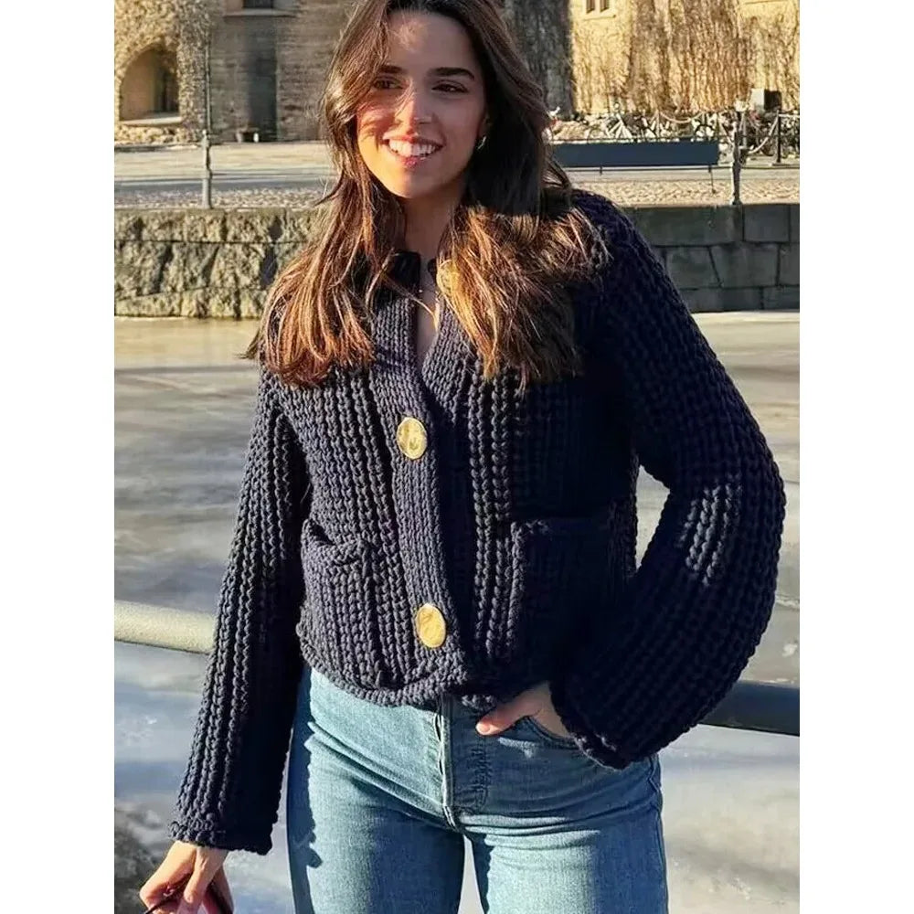 Navy Tweed Knit Cardigan | Gold Button Detail | Parisian Chic