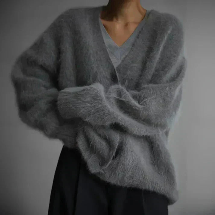 Fuzzy Knit Cardigan | Mohair-Feel Texture | Soft, Slouchy & Chic