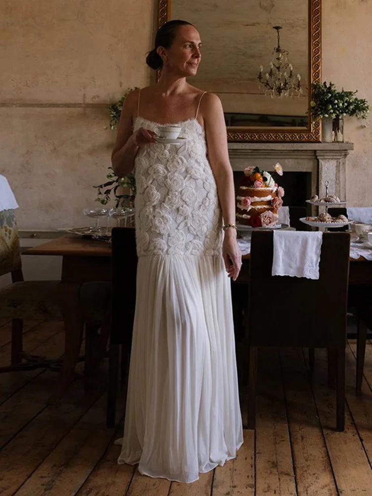 Floral Appliqué Pleated Maxi Dress | Elegant & Romantic | Perfect for Formal Events