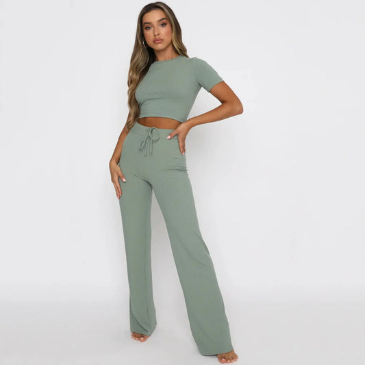 Crop Top & High-Waisted Wide-Leg Pants Set | Trendy & Comfortable | Effortless Style