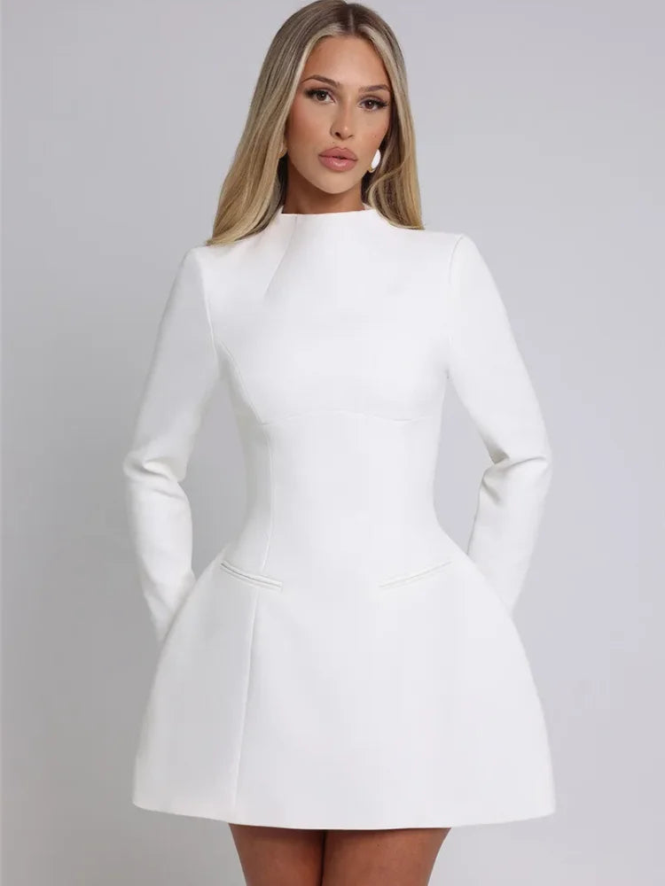 High-Neck A-Line Mini Dress | Structured Fit | Timeless Elegance