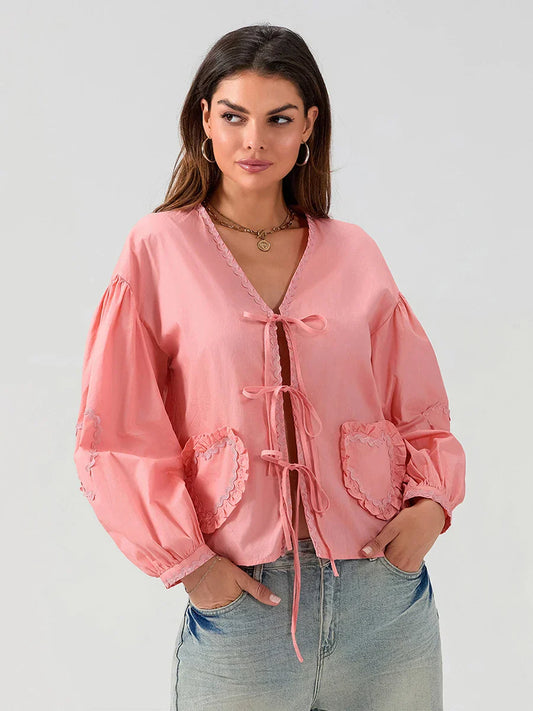 Satin Bow-Tie Jacket | Polyester Blend | Balloon Sleeve Design