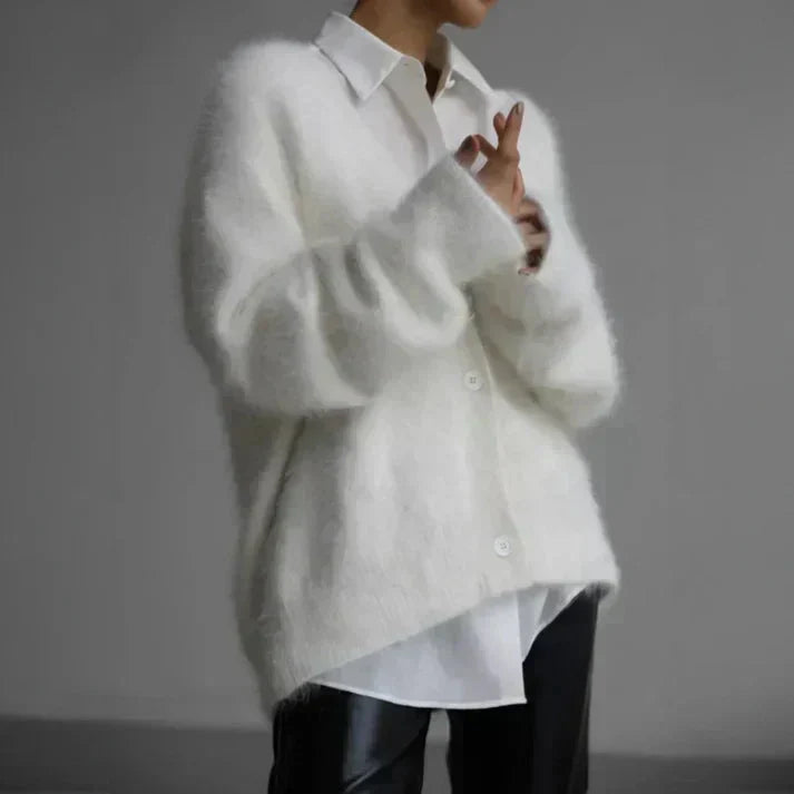 Fuzzy Knit Cardigan | Mohair-Feel Texture | Soft, Slouchy & Chic
