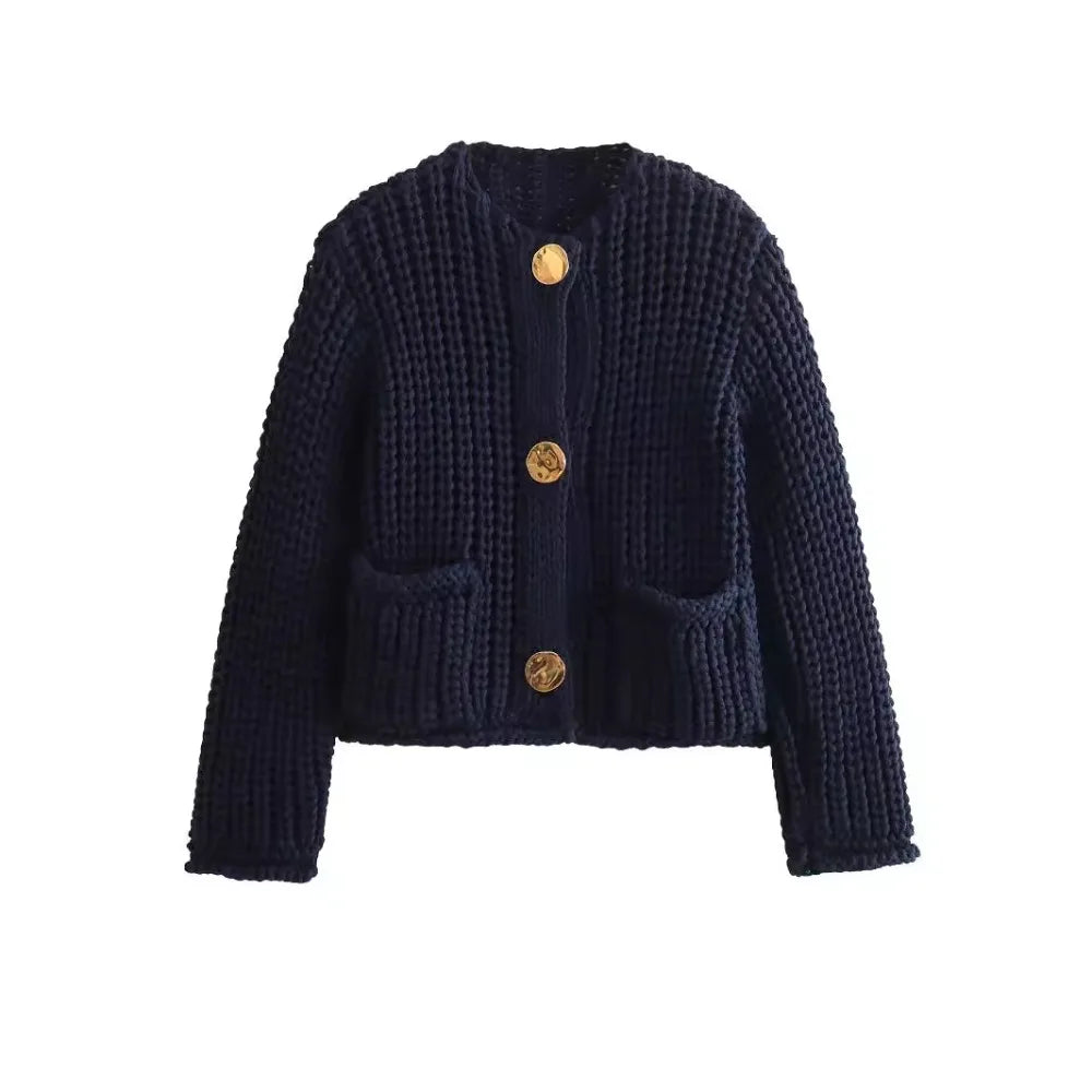 Navy Tweed Knit Cardigan | Gold Button Detail | Parisian Chic
