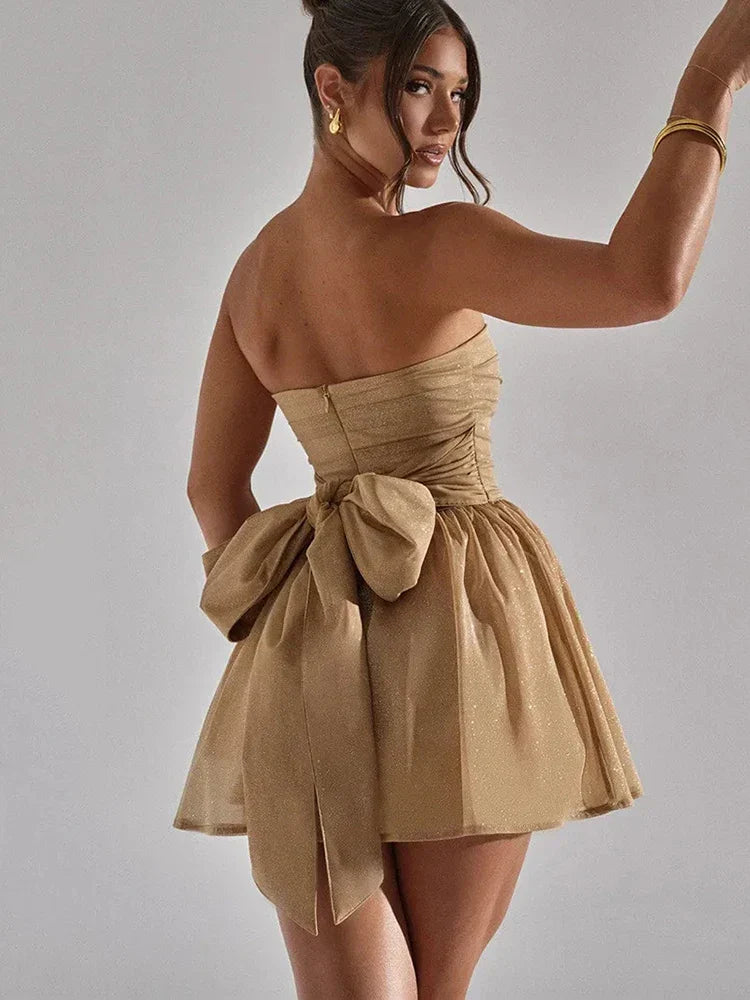 Strapless Party Mini Dress | Glitter & Bow Detail | Festive & Chic