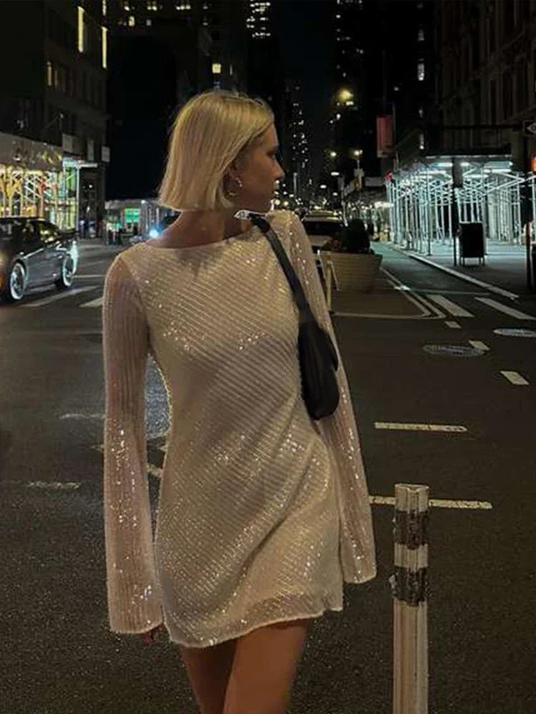 Sequin Mini Dress | Long Sleeve & Open Back | Elegant & Sparkling