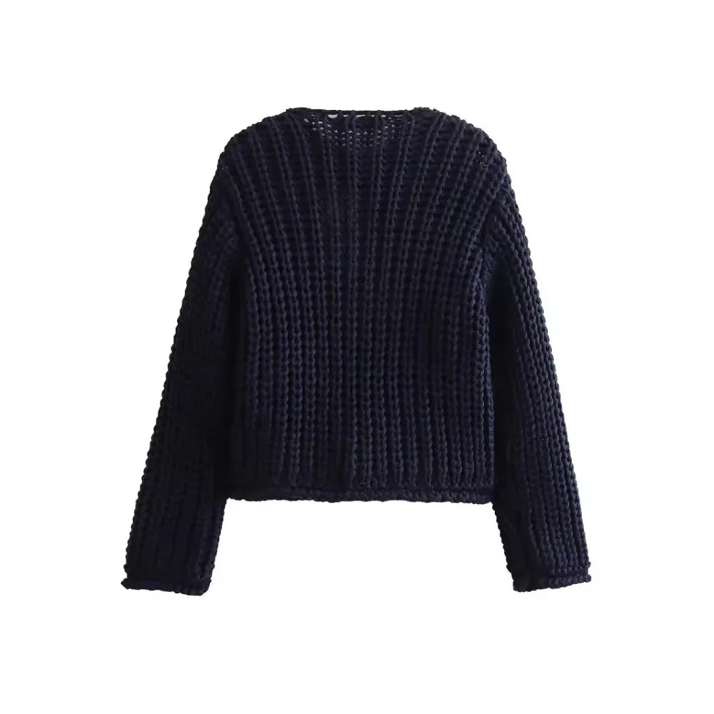 Navy Tweed Knit Cardigan | Gold Button Detail | Parisian Chic