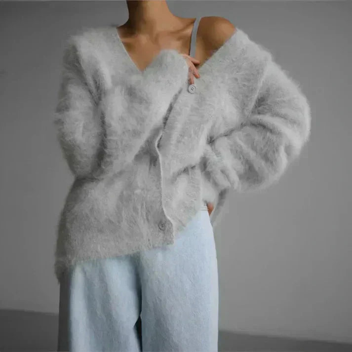Fuzzy Knit Cardigan | Mohair-Feel Texture | Soft, Slouchy & Chic