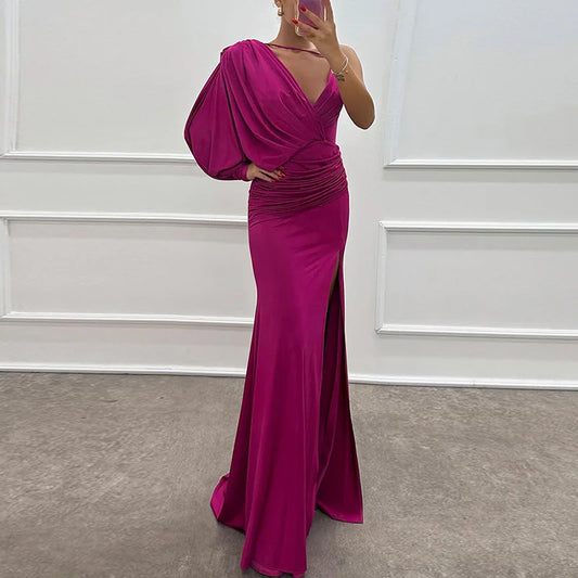 Women's One-Shoulder Draped Evening Gown | Elegant & Glamorous | High Slit
