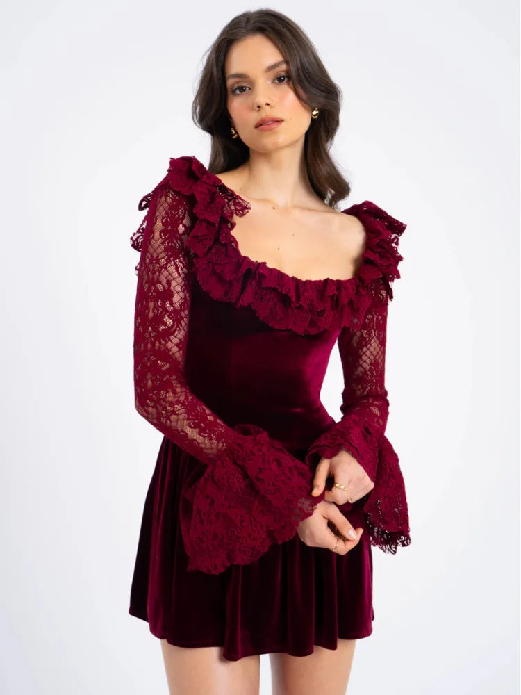 Women's Velvet Lace Mini Dress | Romantic & Elegant | Fit-and-Flare