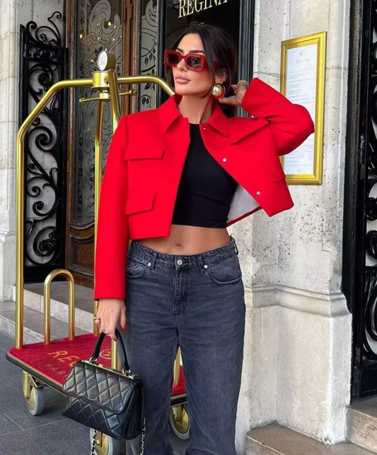 Bold Red Cropped Jacket | Structured Fit | Street Chic Statement