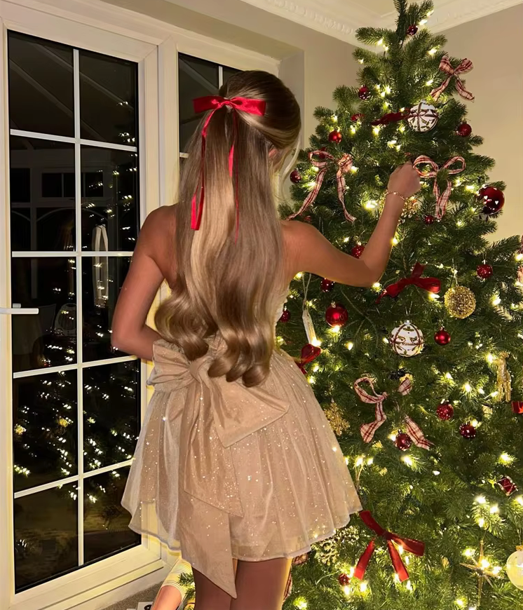 Strapless Party Mini Dress | Glitter & Bow Detail | Festive & Chic
