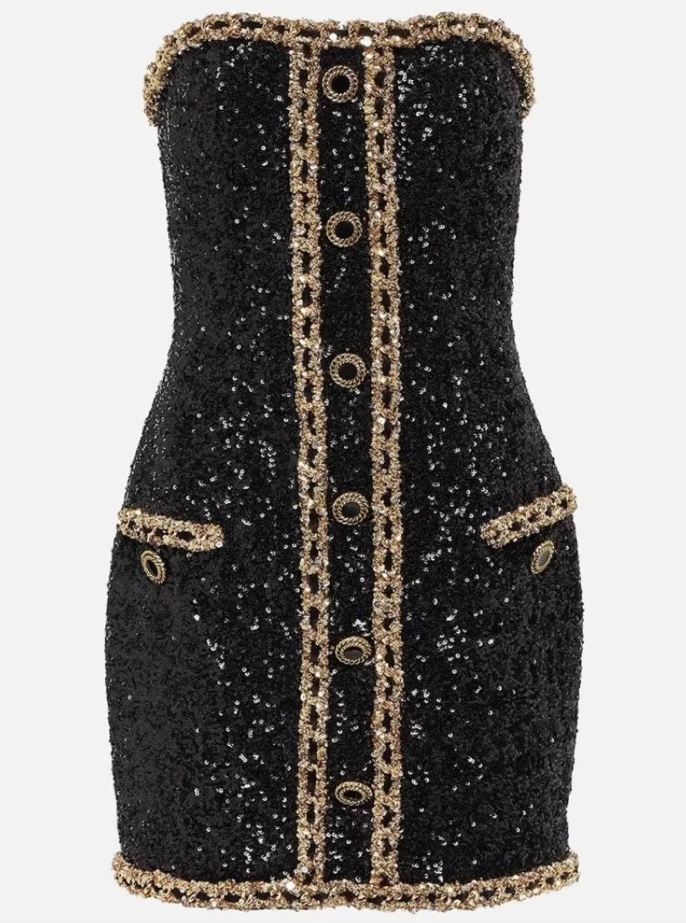 Sequin Mini Dress | Polyester | Gold Chain Detail & Strapless Fit