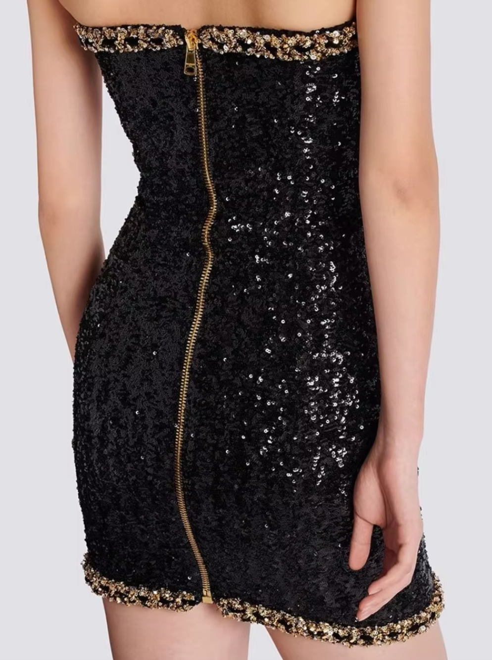 Sequin Mini Dress | Polyester | Gold Chain Detail & Strapless Fit